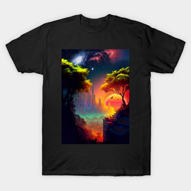 Synthwave cyberpunk city in a forest T-Shirt by Synthwave1950